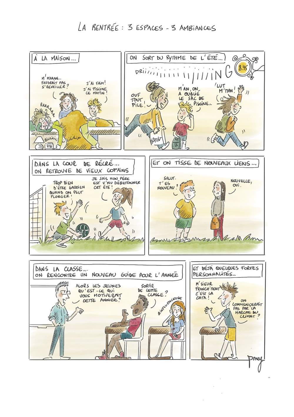 Planche bande dessinée de Poney : "La rentrée : 3 espaces – 3 ambiances"